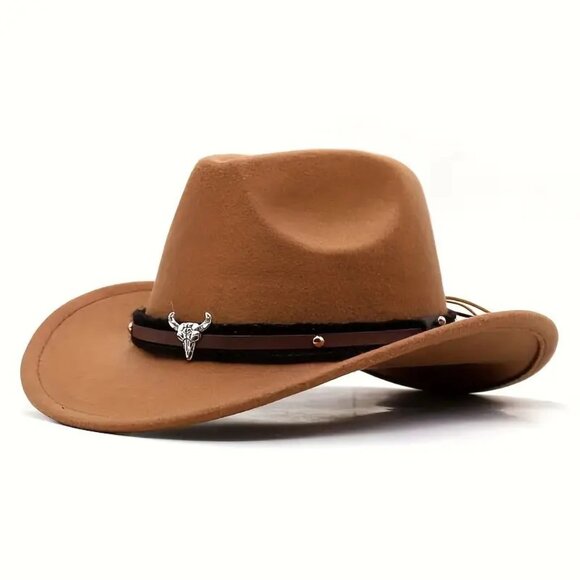 Light Brown Western Cowboy Hat Cowboy Cowgirl Rodeo Style with Bull Skull Accent - Picture 9 of 9